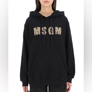 MSGM Hoodie With Multicolor Logo Embroidered W Beads In Black Size Medium